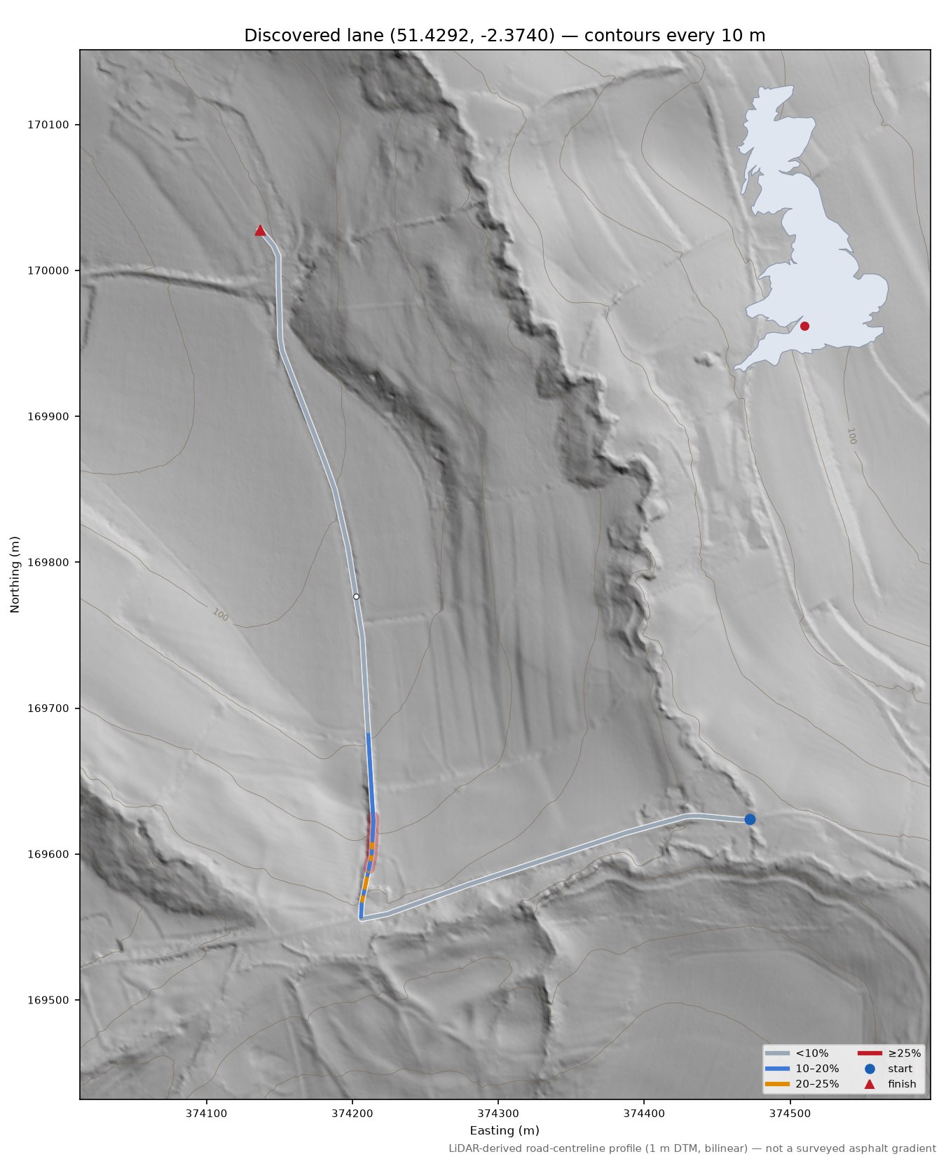 Discovered lane (51.4292, -2.3740) LiDAR hillshade map with contours