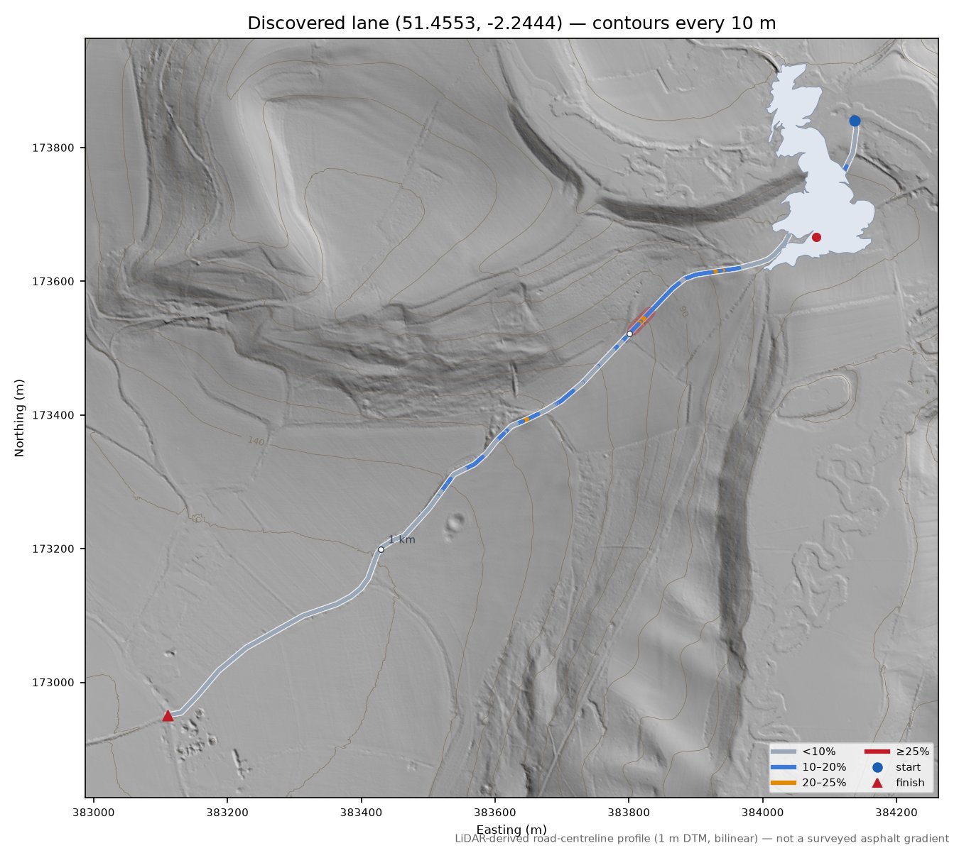 Discovered lane (51.4553, -2.2444) LiDAR hillshade map with contours
