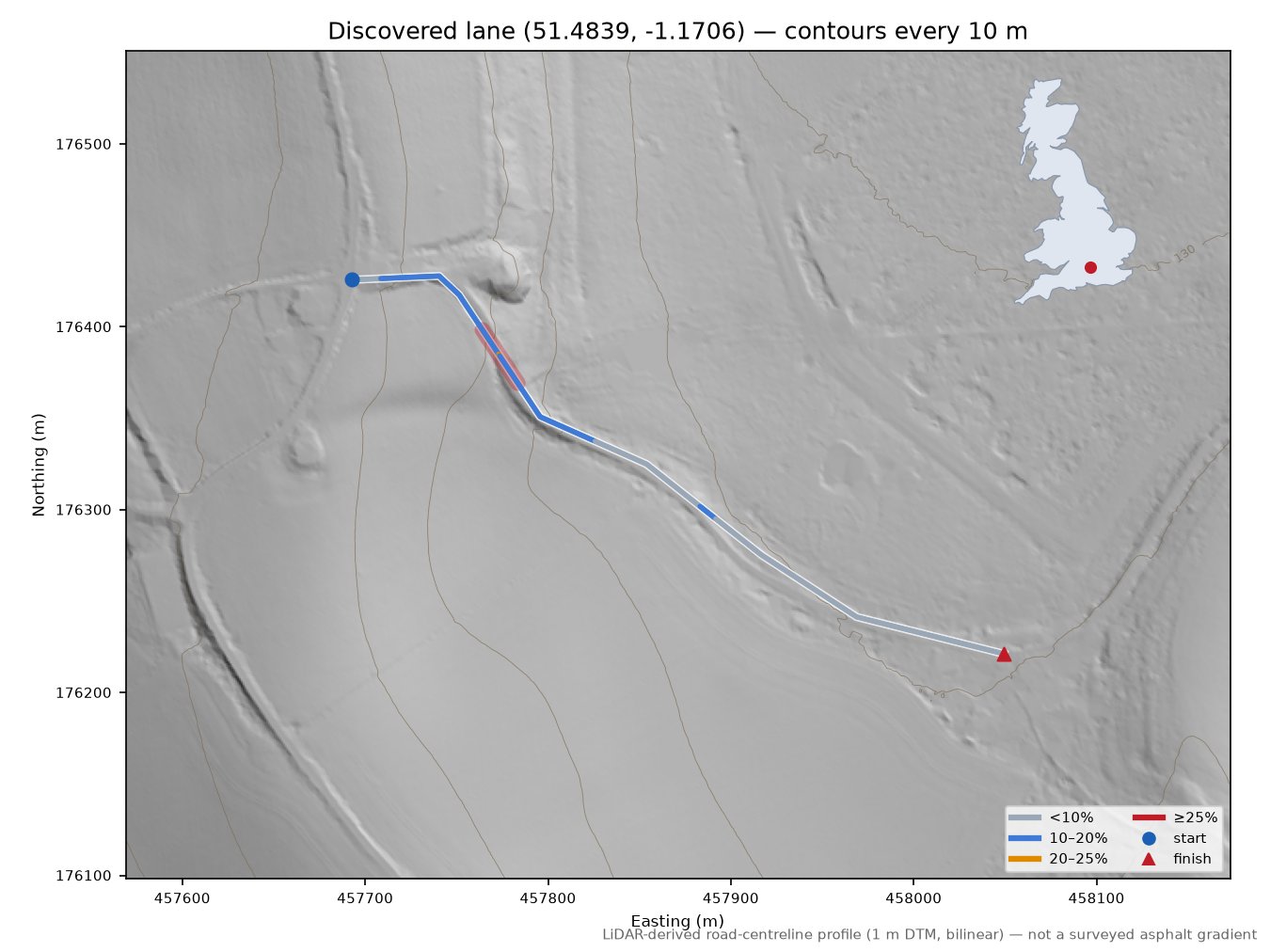 Discovered lane (51.4839, -1.1706) LiDAR hillshade map with contours