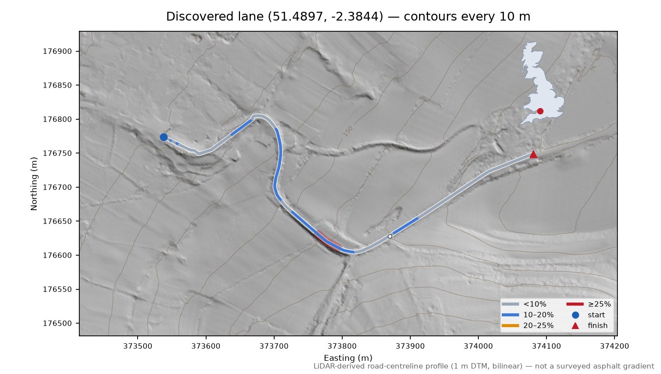 Discovered lane (51.4897, -2.3844) LiDAR hillshade map with contours