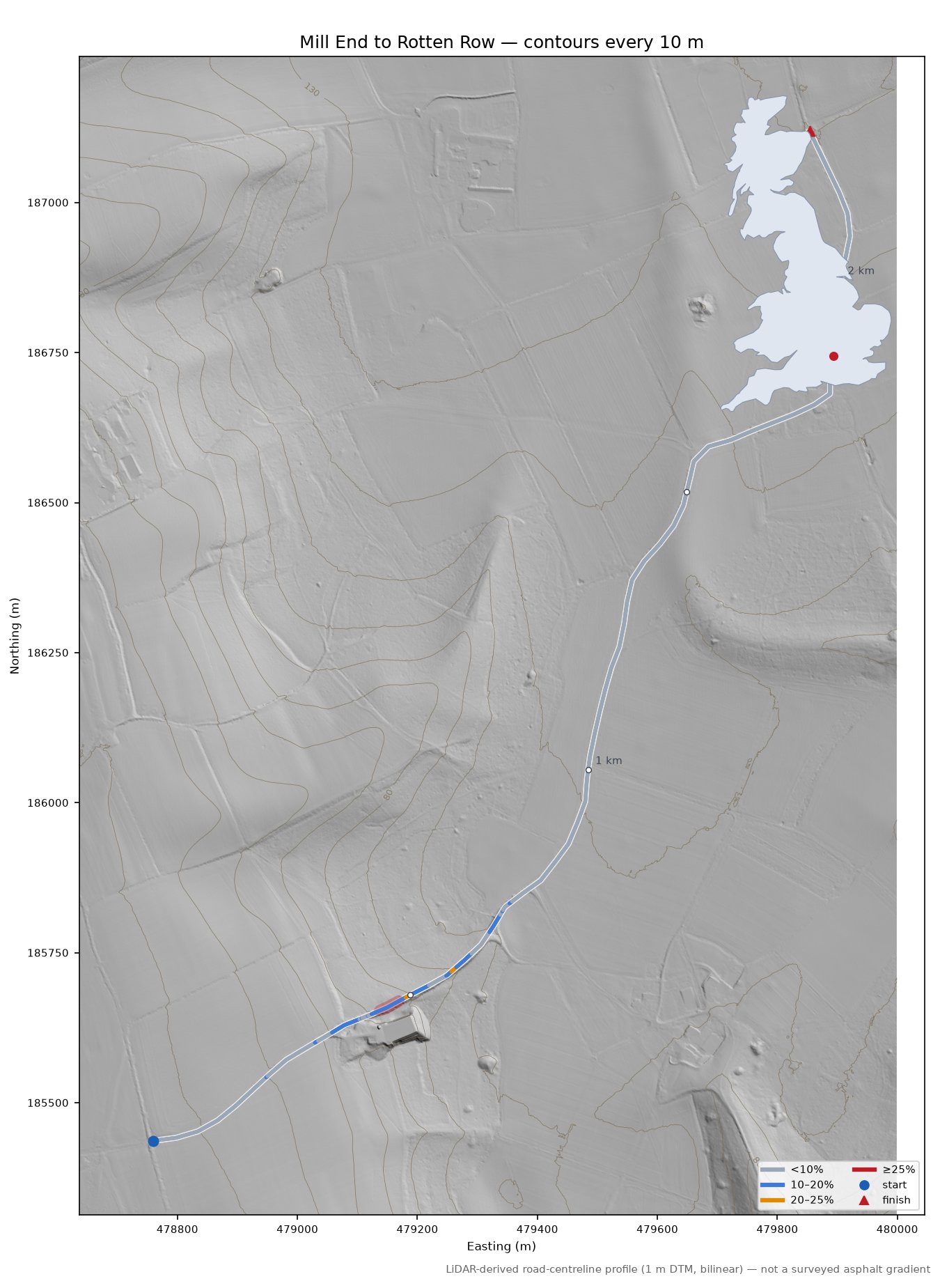 Mill End to Rotten Row LiDAR hillshade map with contours
