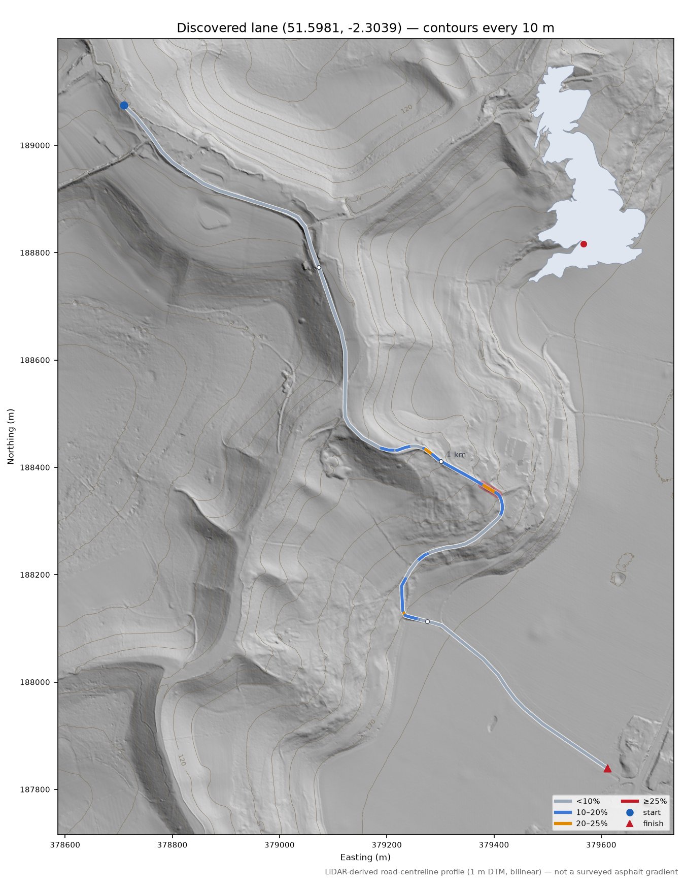 Discovered lane (51.5981, -2.3039) LiDAR hillshade map with contours