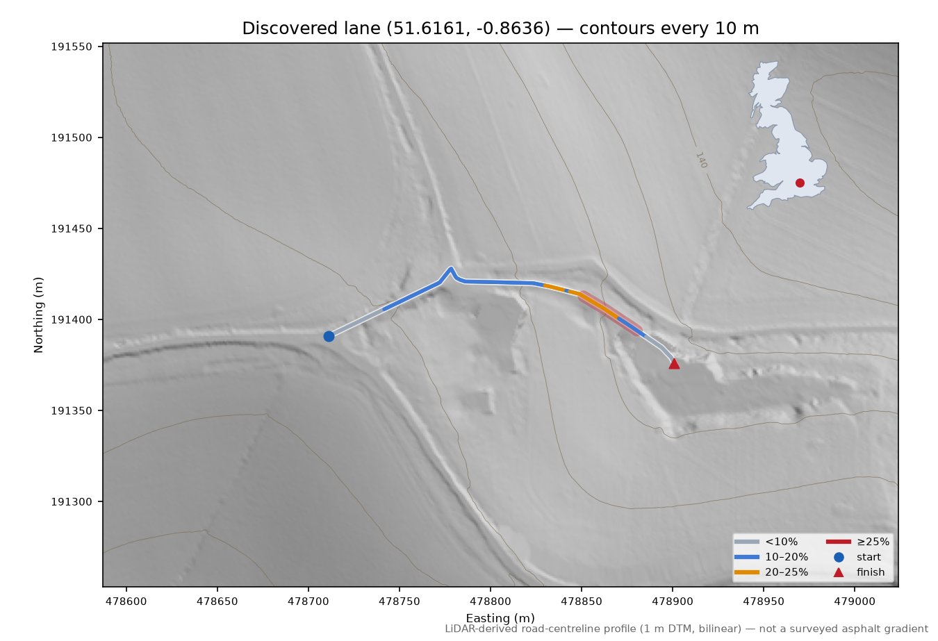 Discovered lane (51.6161, -0.8636) LiDAR hillshade map with contours