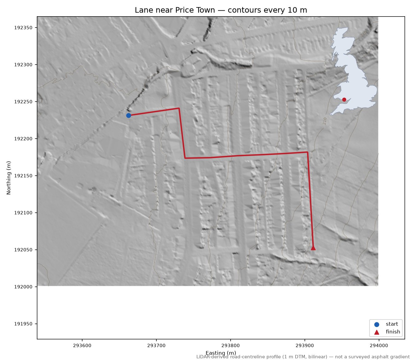 Lane near Price Town LiDAR hillshade map with contours