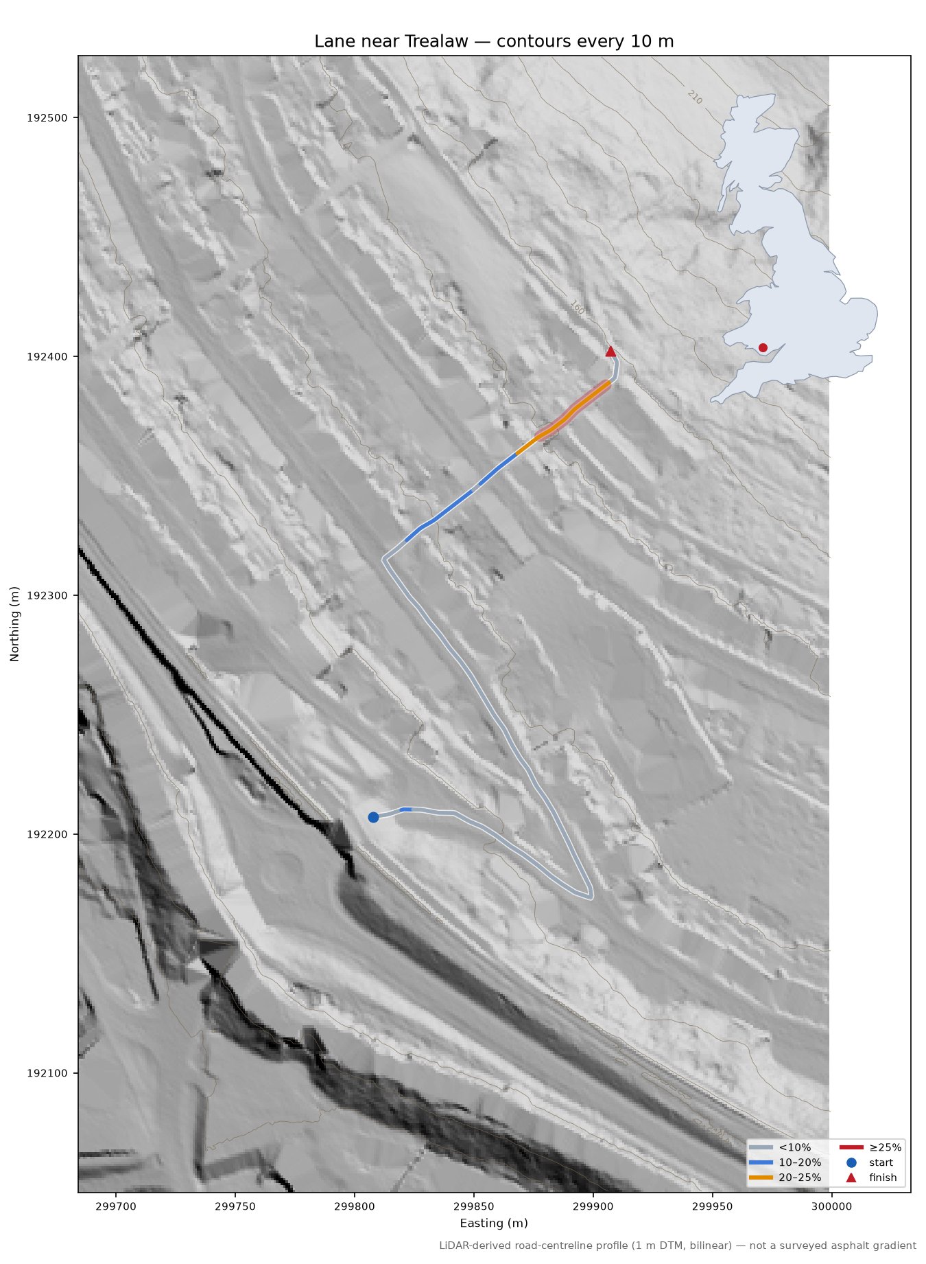 Lane near Trealaw LiDAR hillshade map with contours