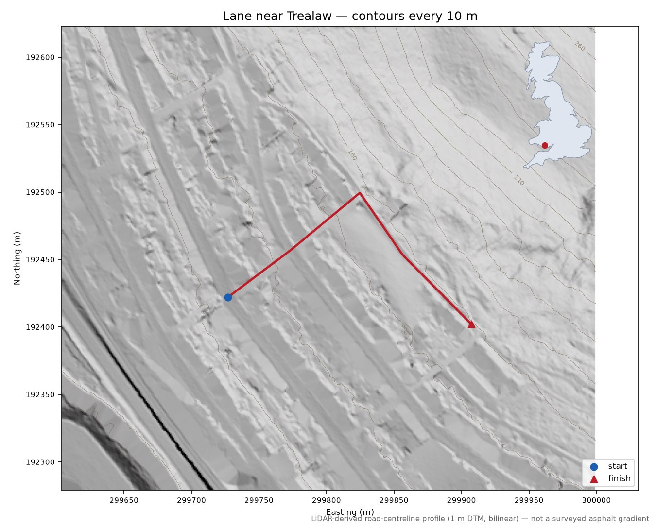 Lane near Trealaw LiDAR hillshade map with contours