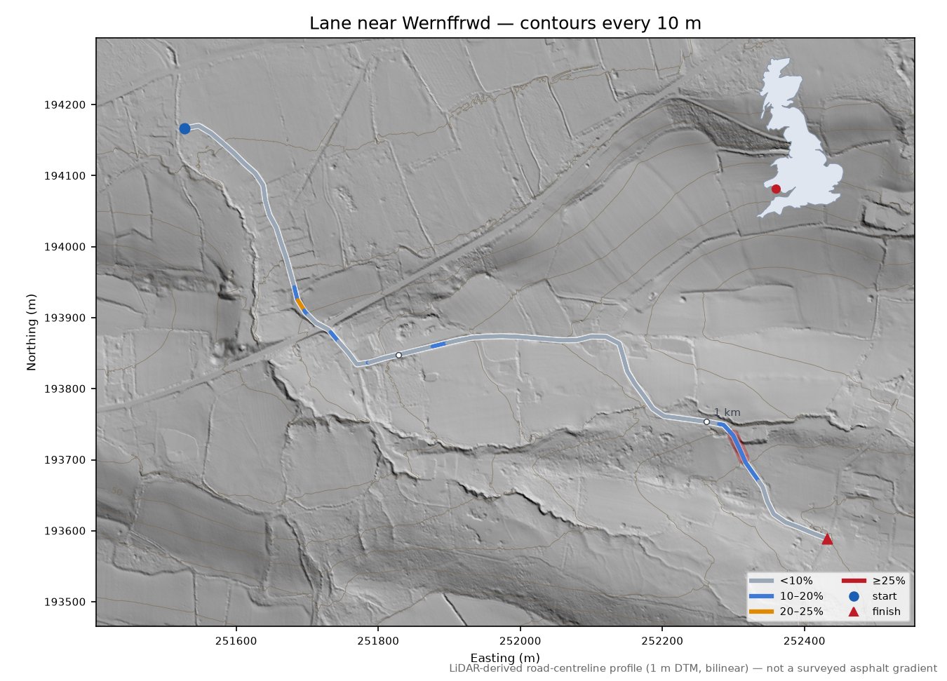 Lane near Wernffrwd LiDAR hillshade map with contours