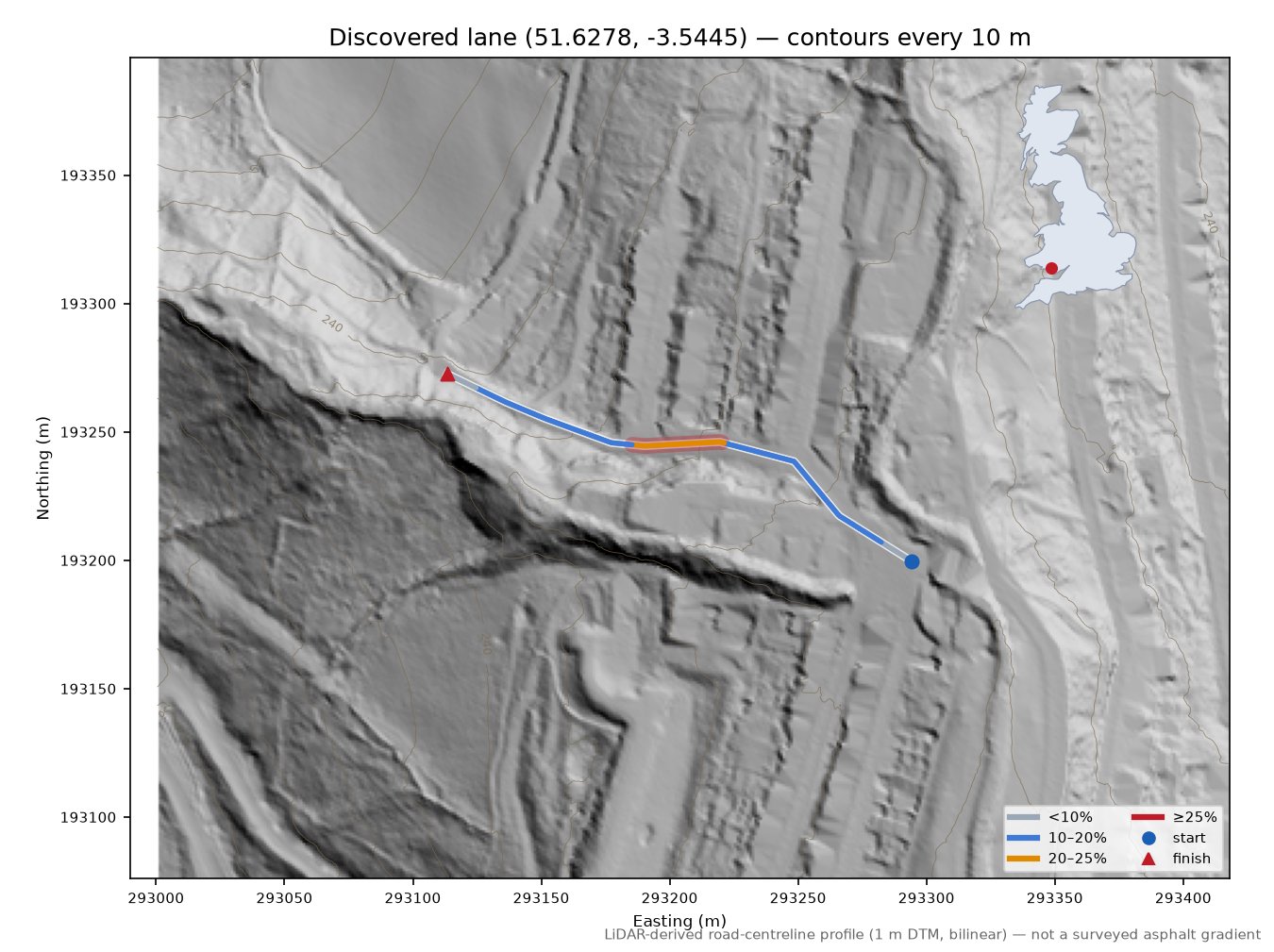 Discovered lane (51.6278, -3.5445) LiDAR hillshade map with contours