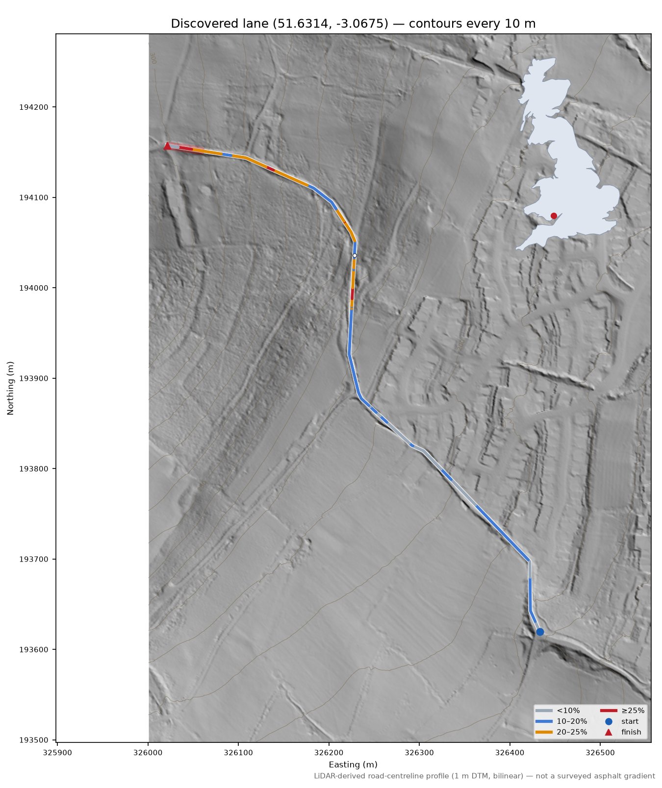 Discovered lane (51.6314, -3.0675) LiDAR hillshade map with contours