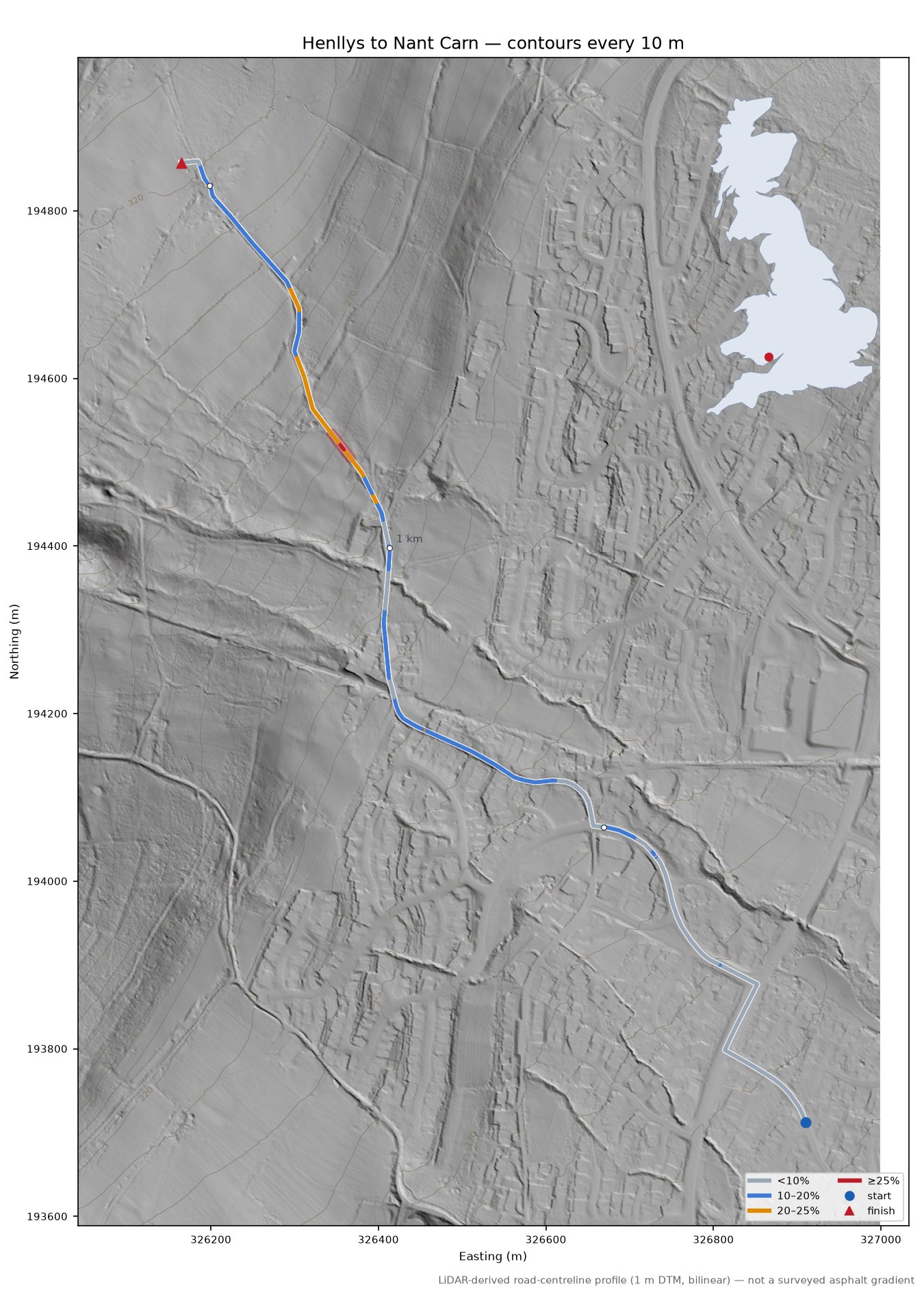 Henllys to Nant Carn LiDAR hillshade map with contours