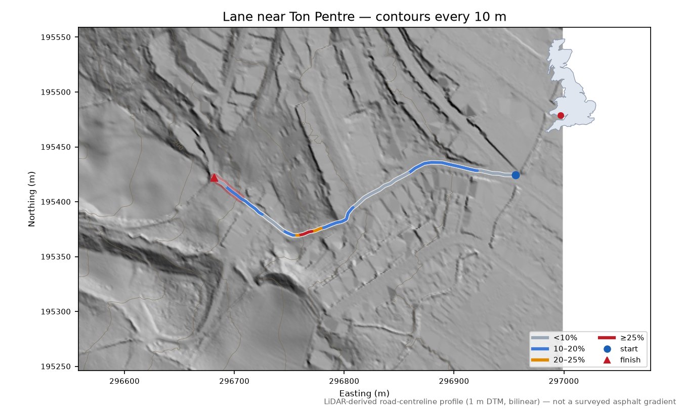 Lane near Ton Pentre LiDAR hillshade map with contours