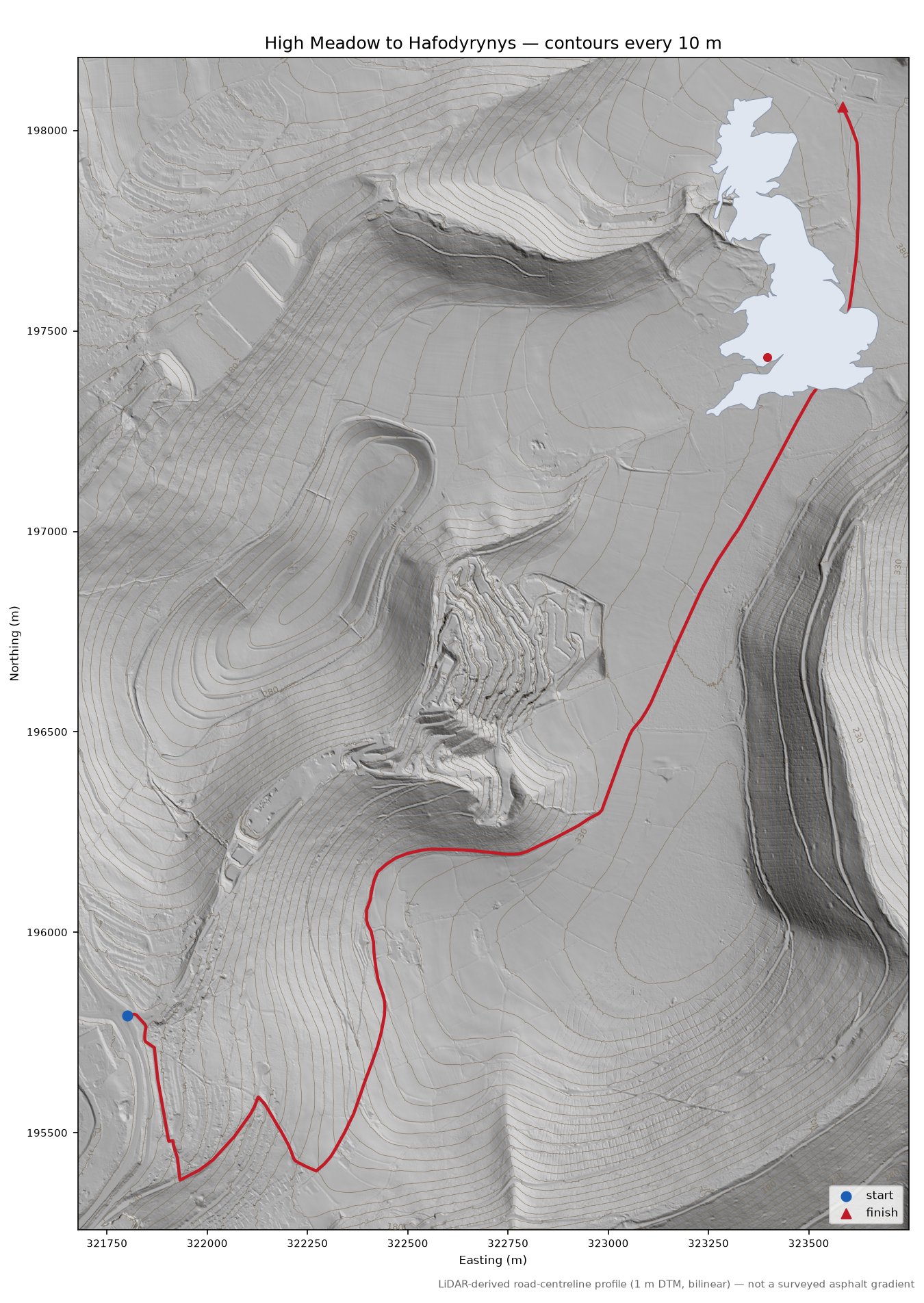 High Meadow to Hafodyrynys LiDAR hillshade map with contours
