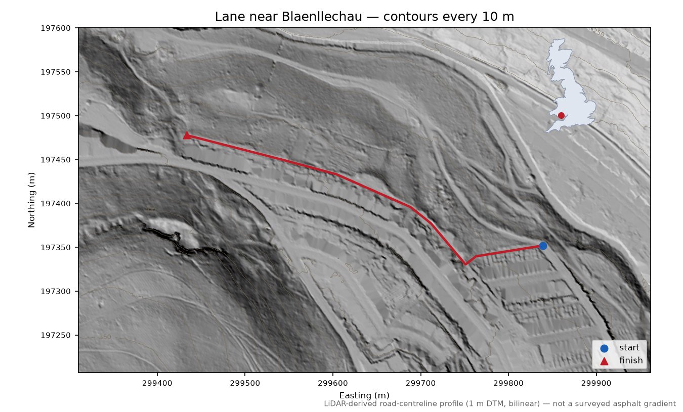 Lane near Blaenllechau LiDAR hillshade map with contours