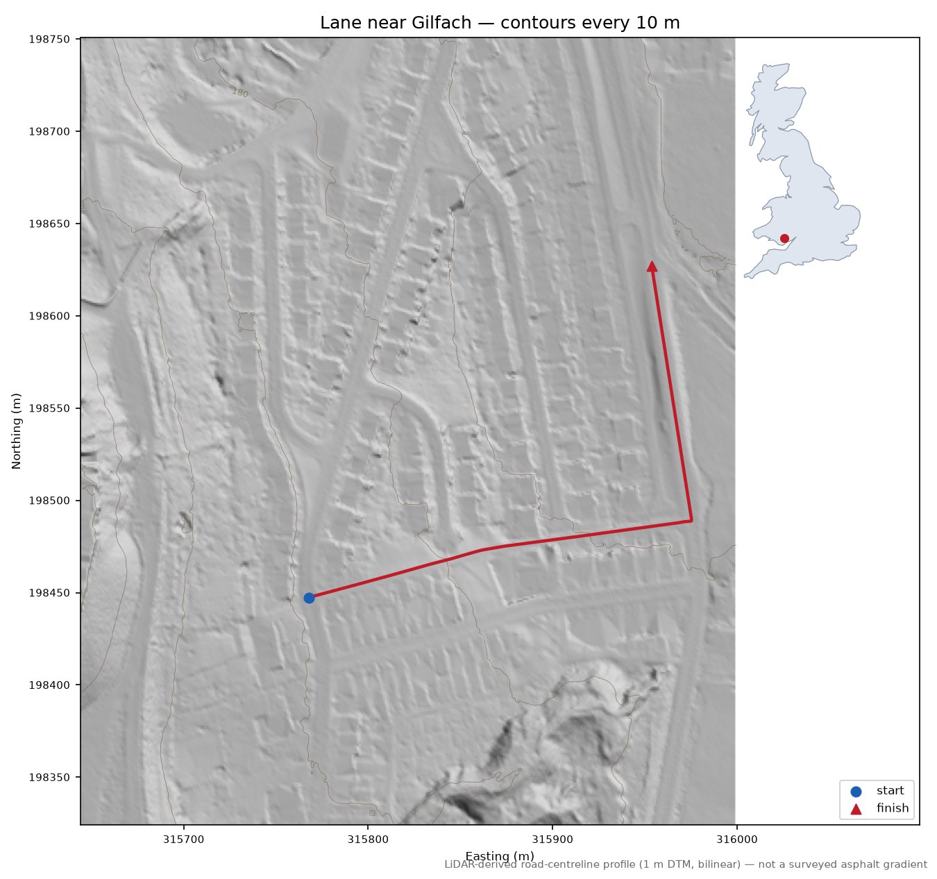 Lane near Gilfach LiDAR hillshade map with contours