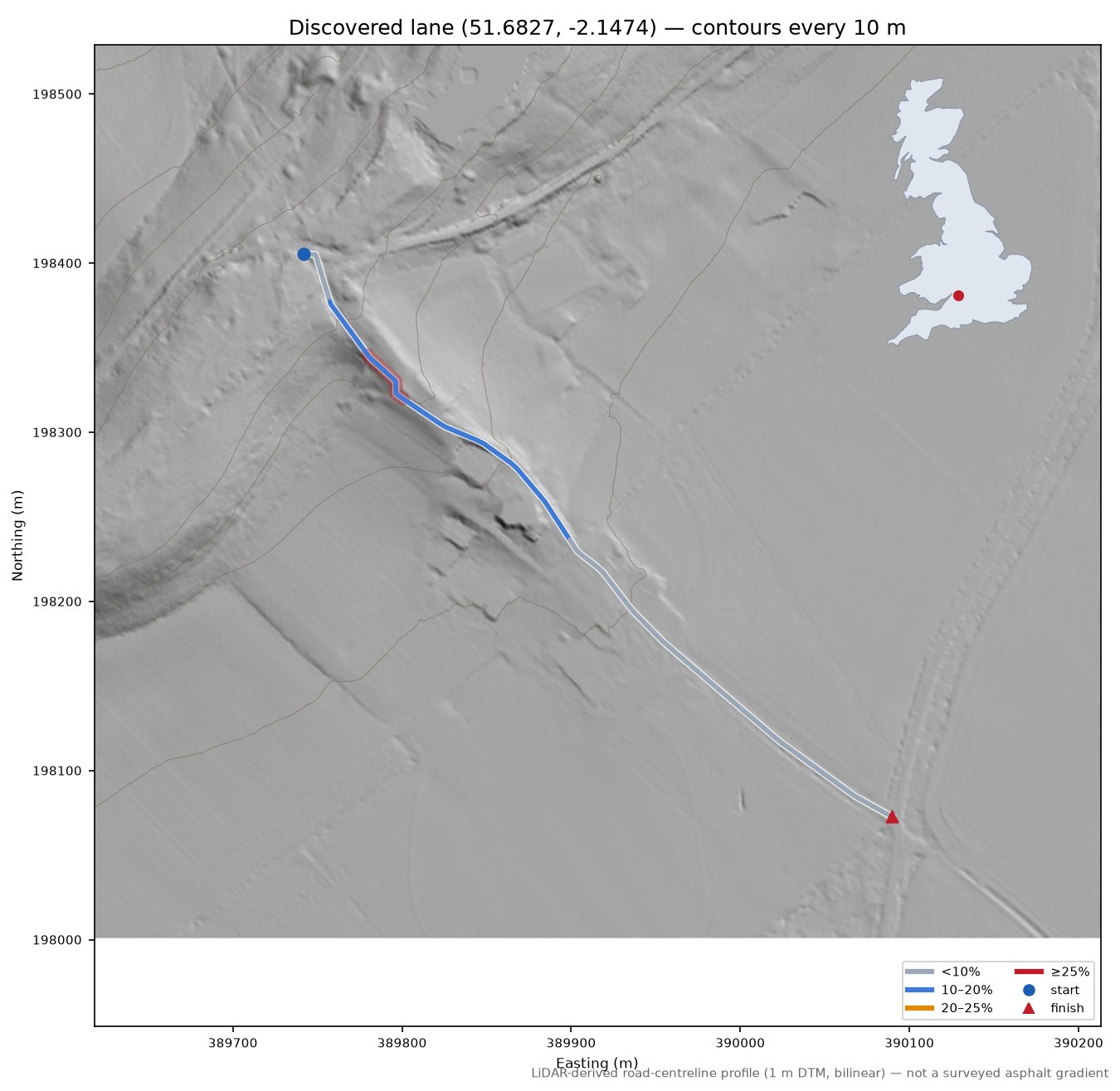Discovered lane (51.6827, -2.1474) LiDAR hillshade map with contours