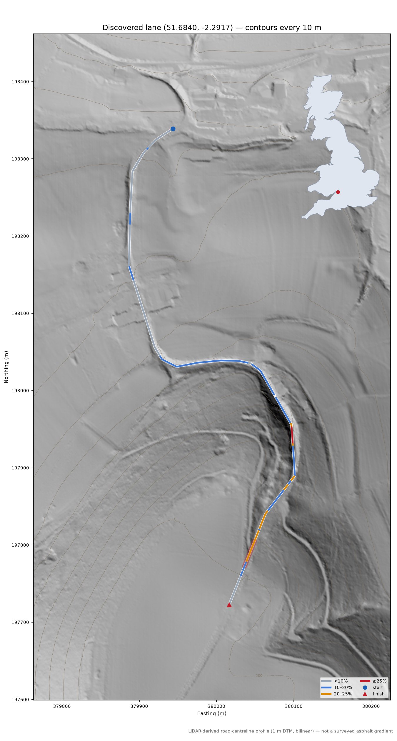 Discovered lane (51.6840, -2.2917) LiDAR hillshade map with contours