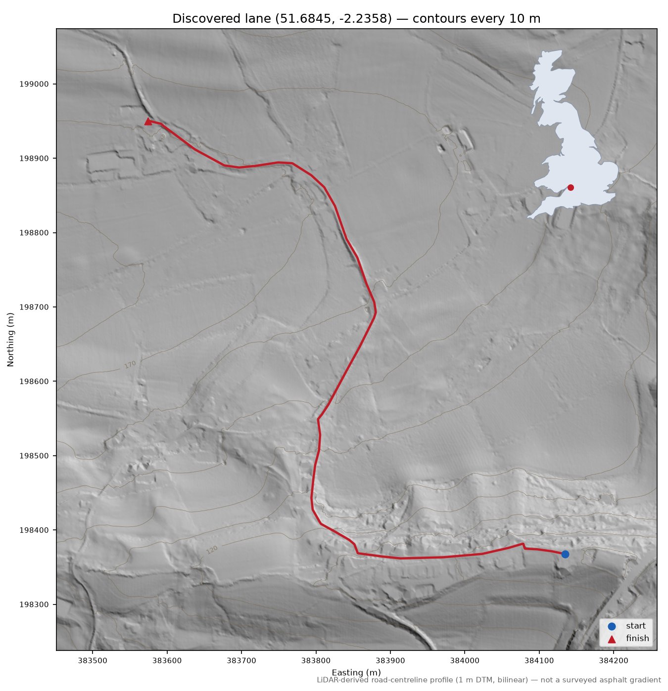 Discovered lane (51.6845, -2.2358) LiDAR hillshade map with contours