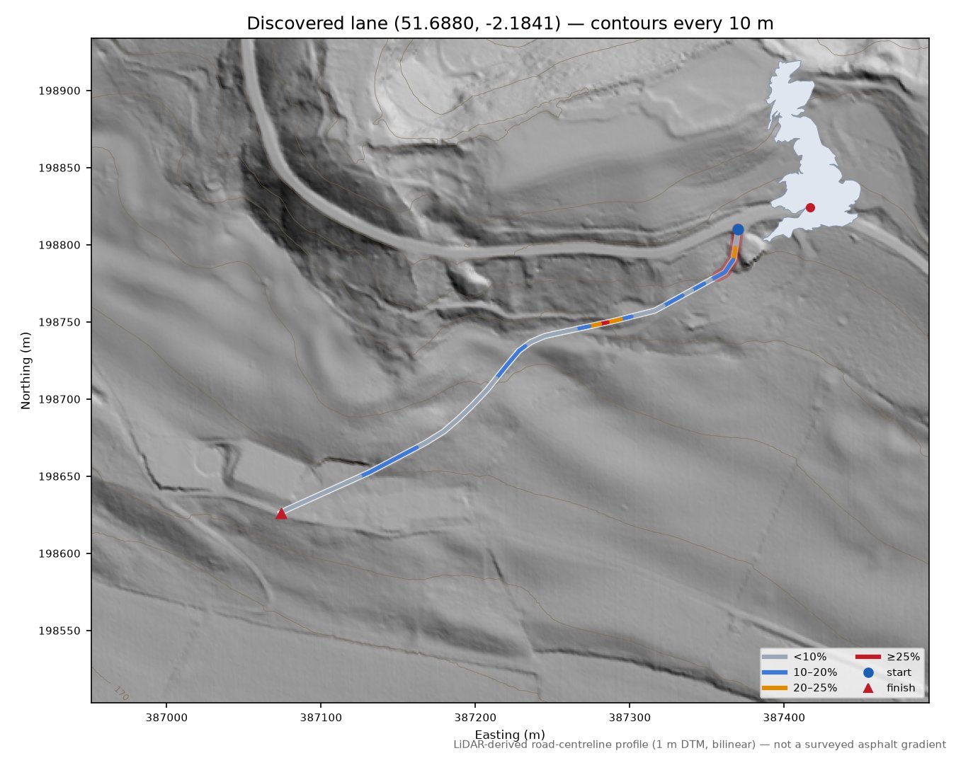Discovered lane (51.6880, -2.1841) LiDAR hillshade map with contours