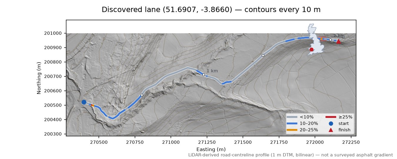 Discovered lane (51.6907, -3.8660) LiDAR hillshade map with contours