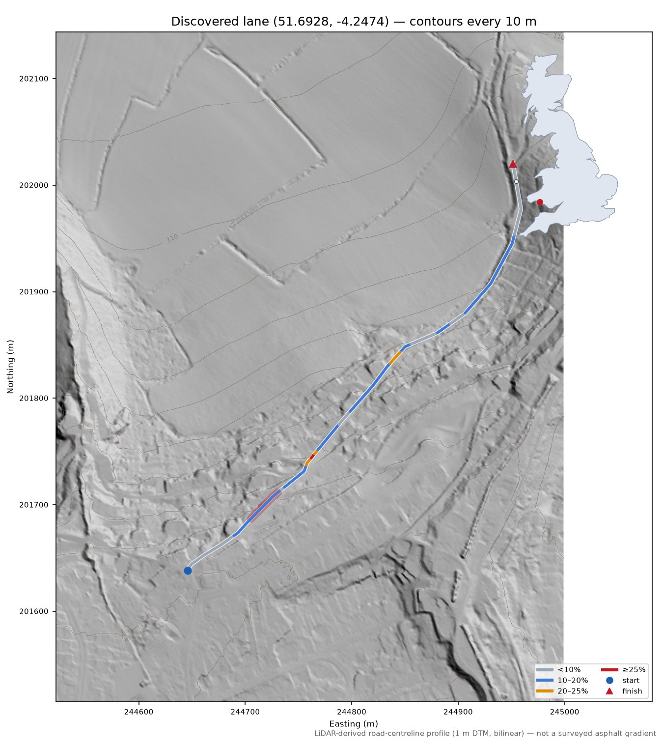 Discovered lane (51.6928, -4.2474) LiDAR hillshade map with contours