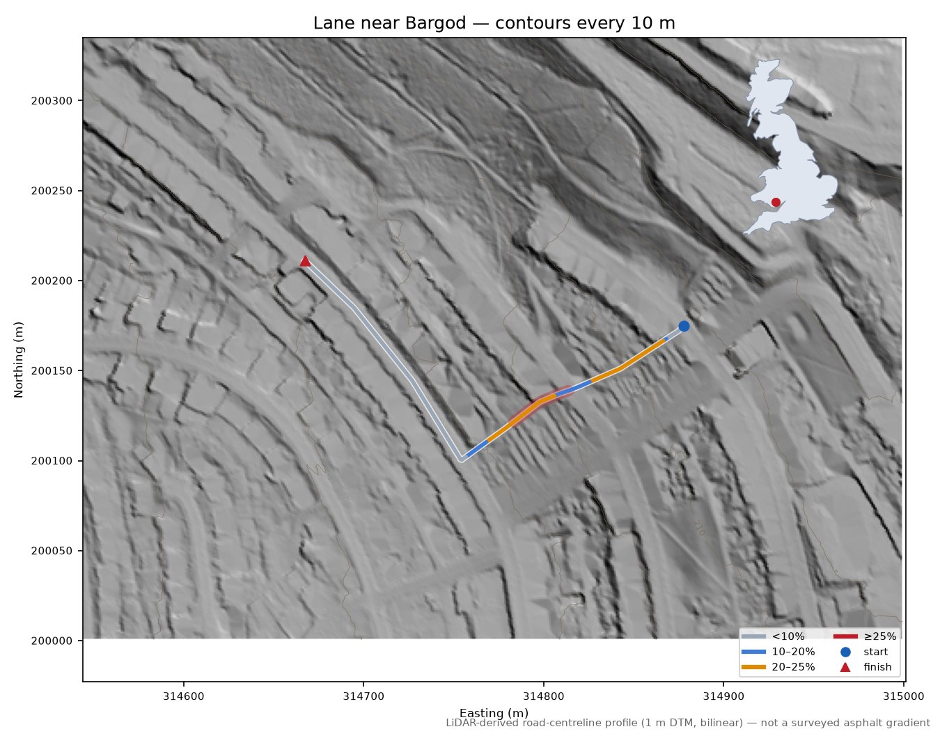 Lane near Bargod LiDAR hillshade map with contours
