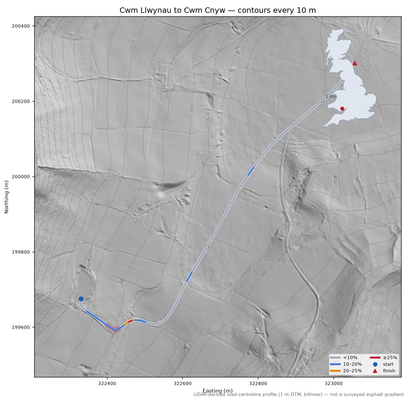 Cwm Llwynau to Cwm Cnyw LiDAR hillshade map with contours