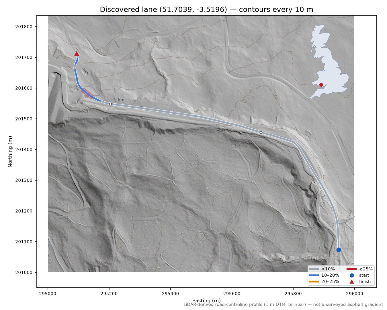 Discovered lane (51.7039, -3.5196) LiDAR hillshade map with contours