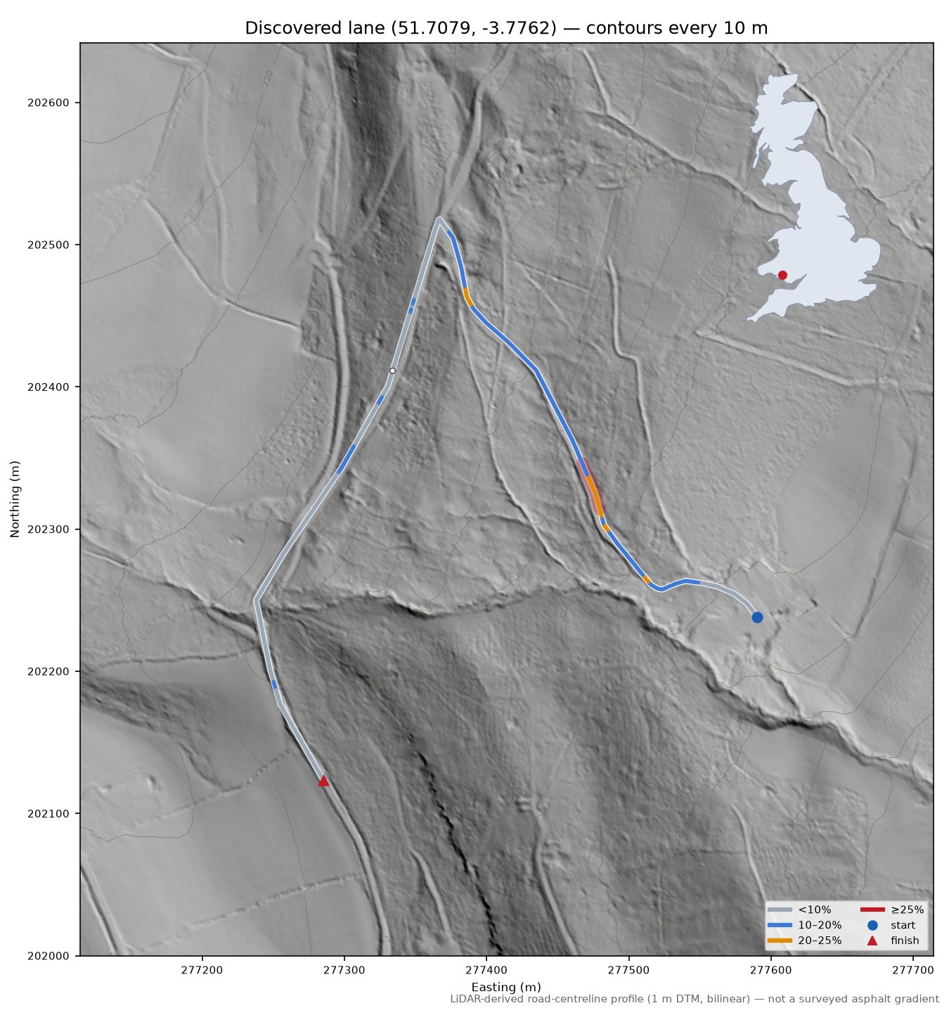 Discovered lane (51.7079, -3.7762) LiDAR hillshade map with contours
