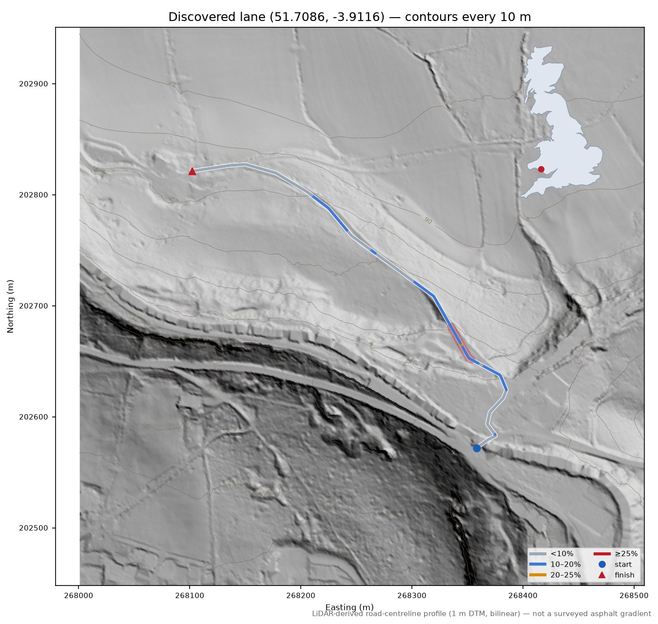 Discovered lane (51.7086, -3.9116) LiDAR hillshade map with contours