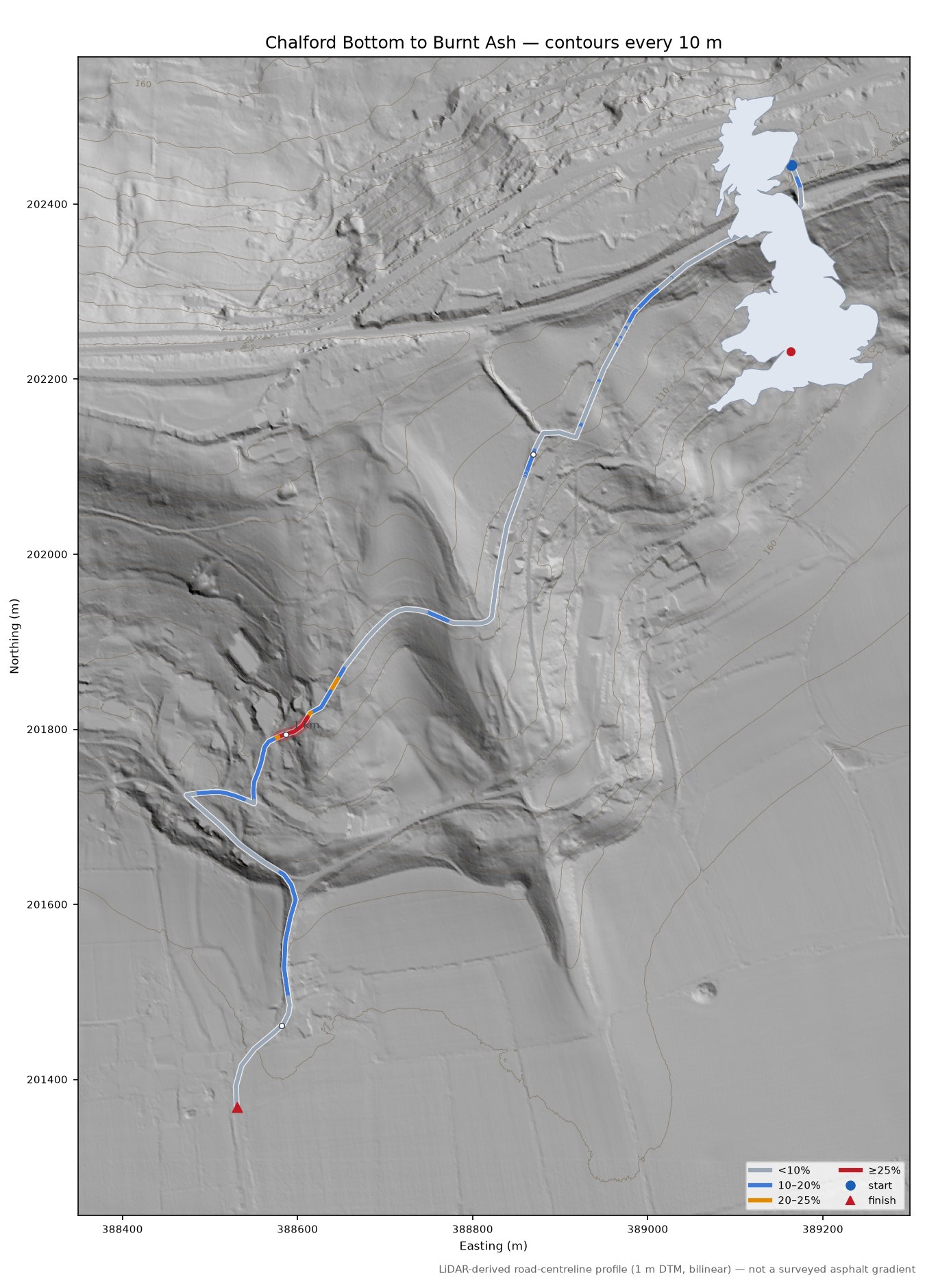 Chalford Bottom to Burnt Ash LiDAR hillshade map with contours