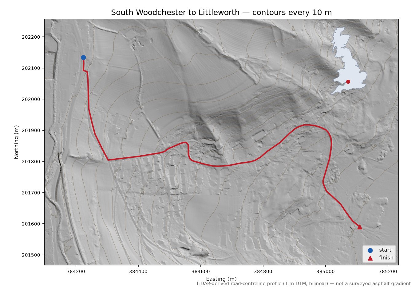 South Woodchester to Littleworth LiDAR hillshade map with contours