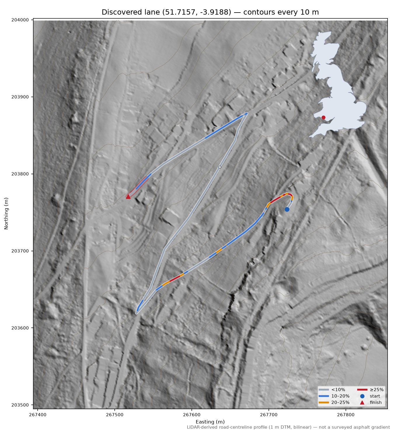 Discovered lane (51.7157, -3.9188) LiDAR hillshade map with contours