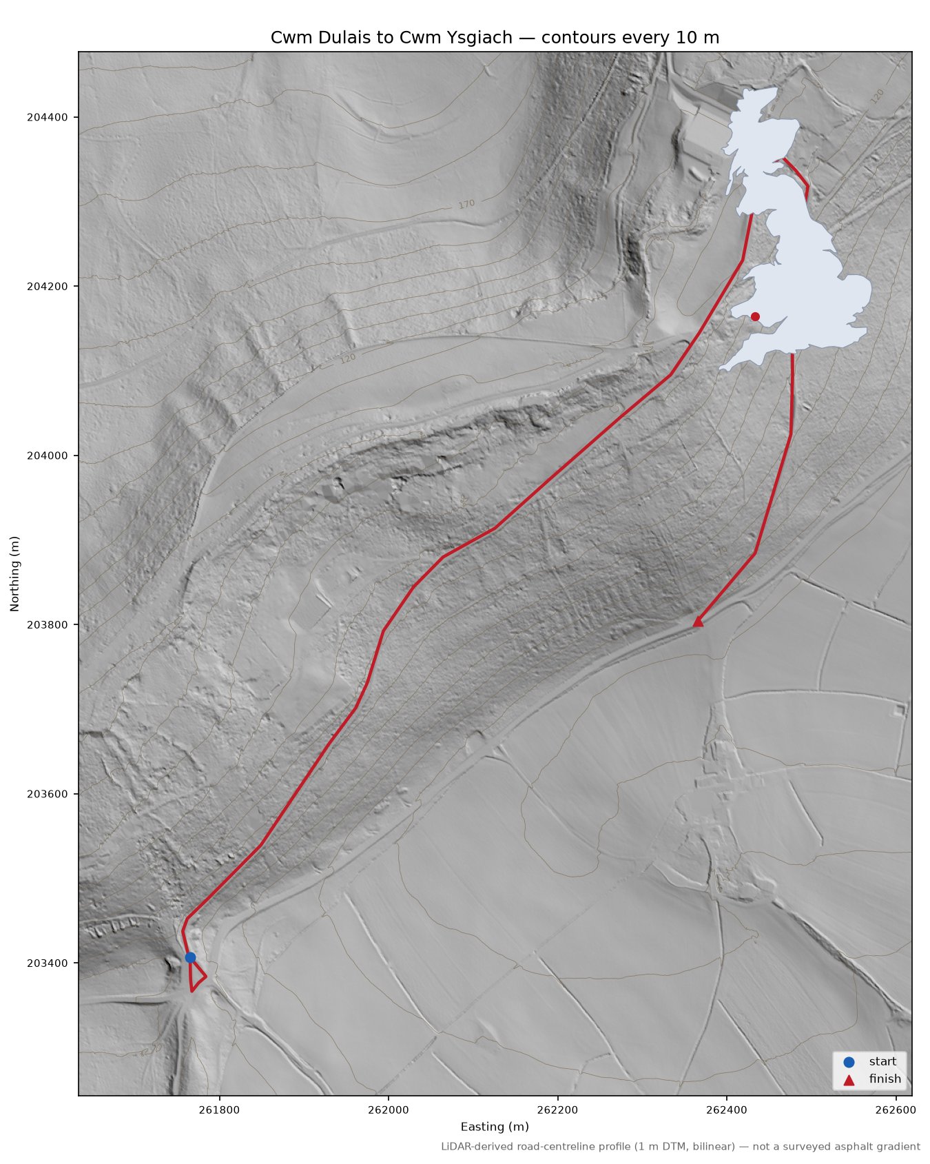 Cwm Dulais to Cwm Ysgiach LiDAR hillshade map with contours