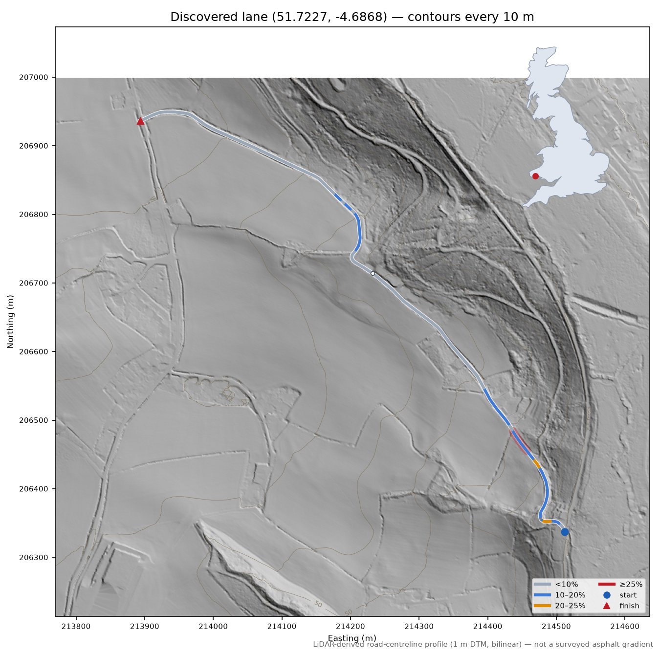 Discovered lane (51.7227, -4.6868) LiDAR hillshade map with contours
