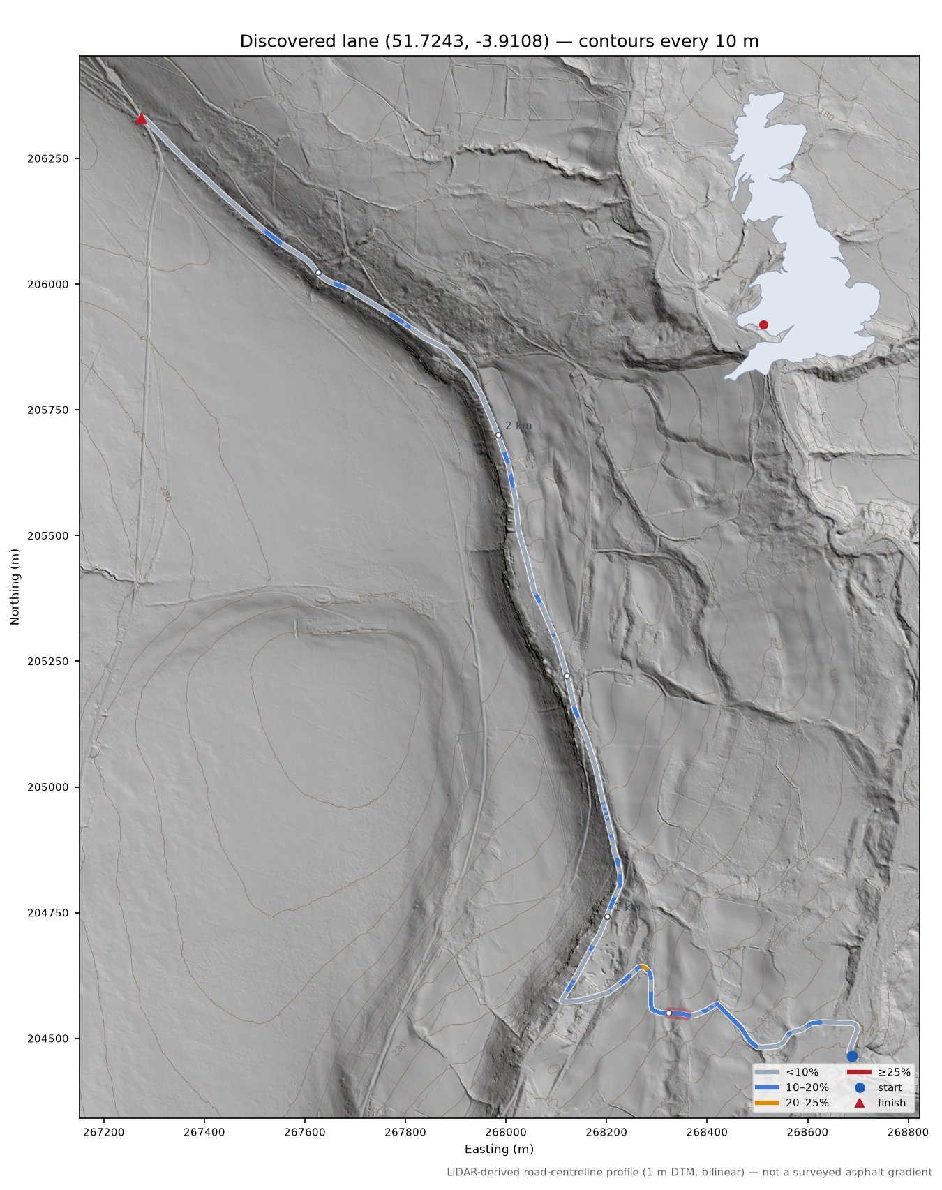 Discovered lane (51.7243, -3.9108) LiDAR hillshade map with contours
