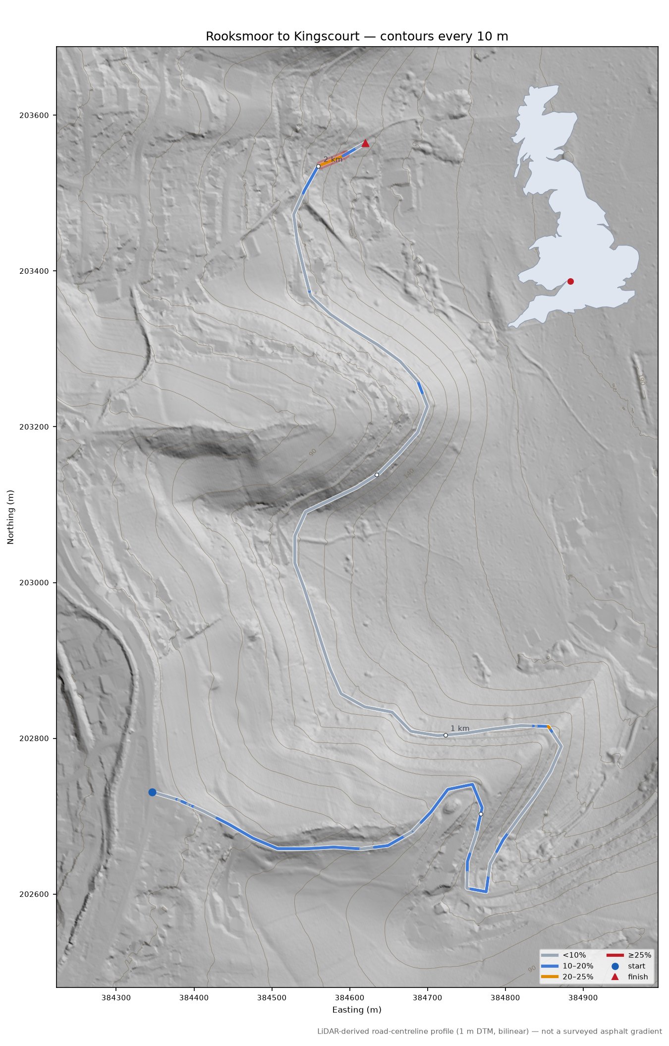Rooksmoor to Kingscourt LiDAR hillshade map with contours