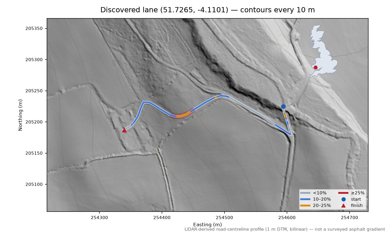 Discovered lane (51.7265, -4.1101) LiDAR hillshade map with contours
