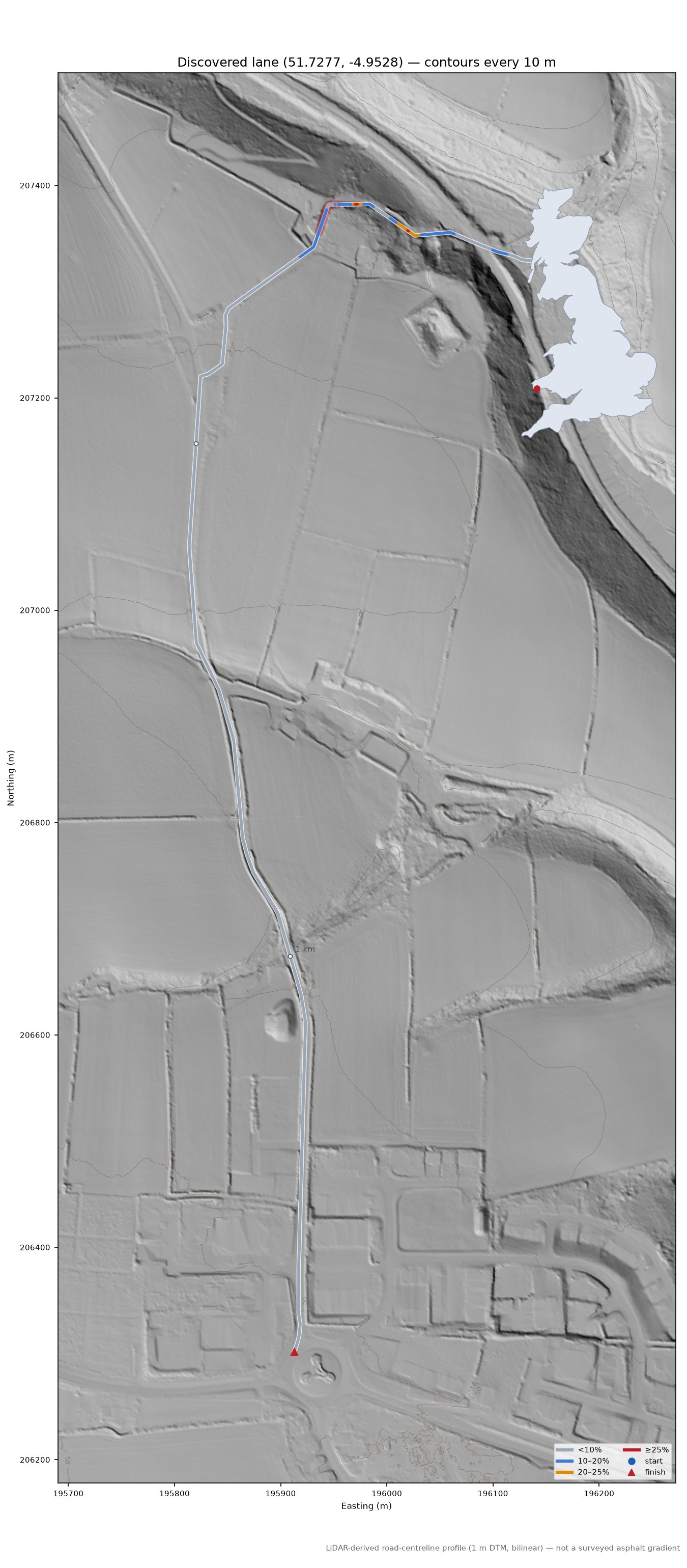 Discovered lane (51.7277, -4.9528) LiDAR hillshade map with contours