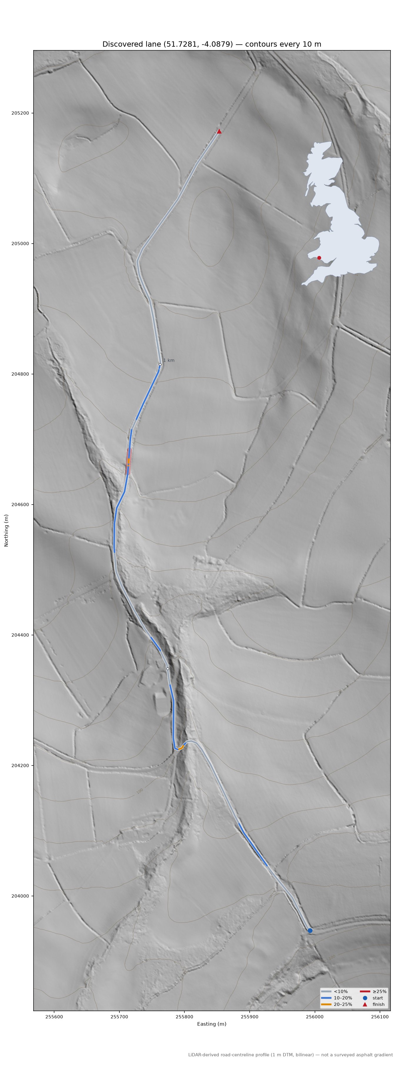 Discovered lane (51.7281, -4.0879) LiDAR hillshade map with contours