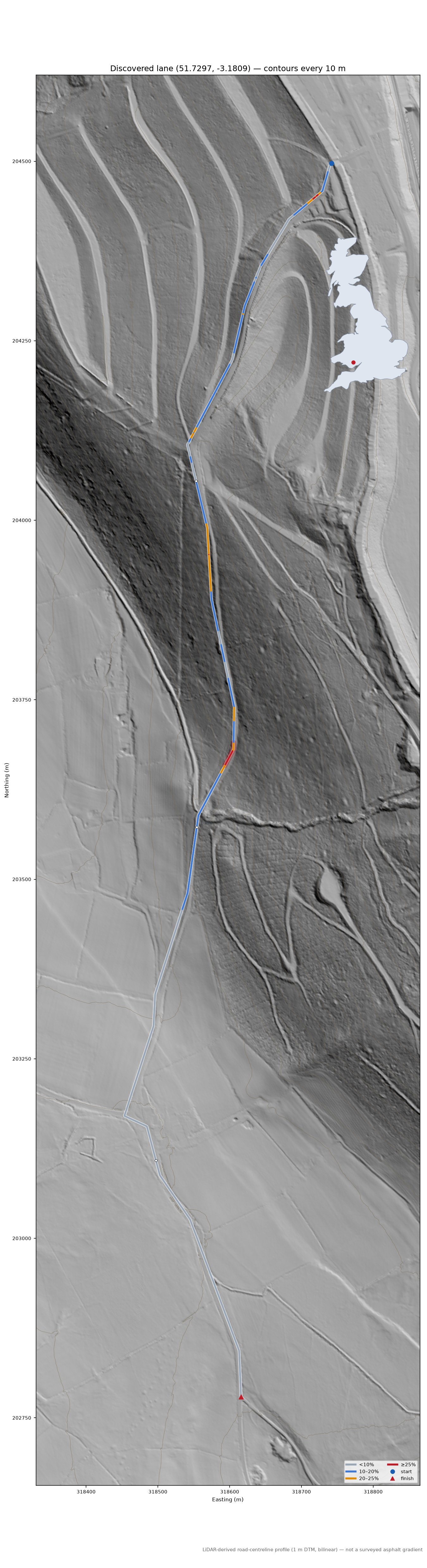 Discovered lane (51.7297, -3.1809) LiDAR hillshade map with contours