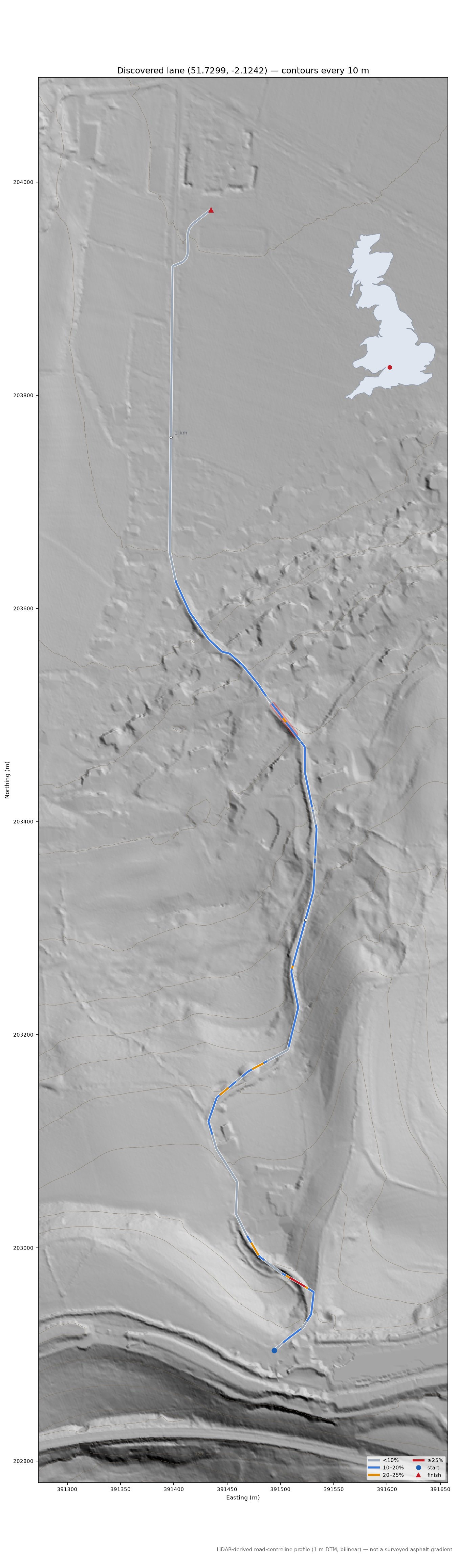 Discovered lane (51.7299, -2.1242) LiDAR hillshade map with contours