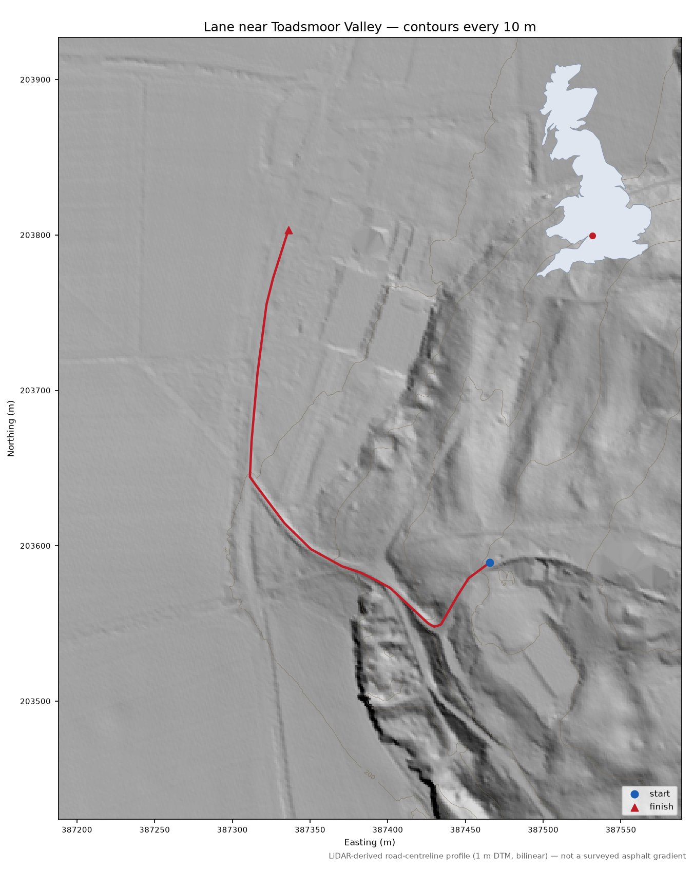 Lane near Toadsmoor Valley LiDAR hillshade map with contours