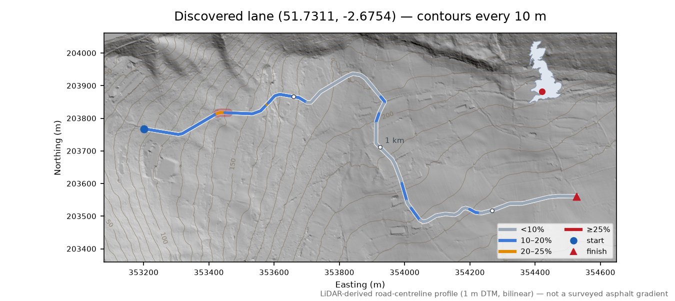 Discovered lane (51.7311, -2.6754) LiDAR hillshade map with contours