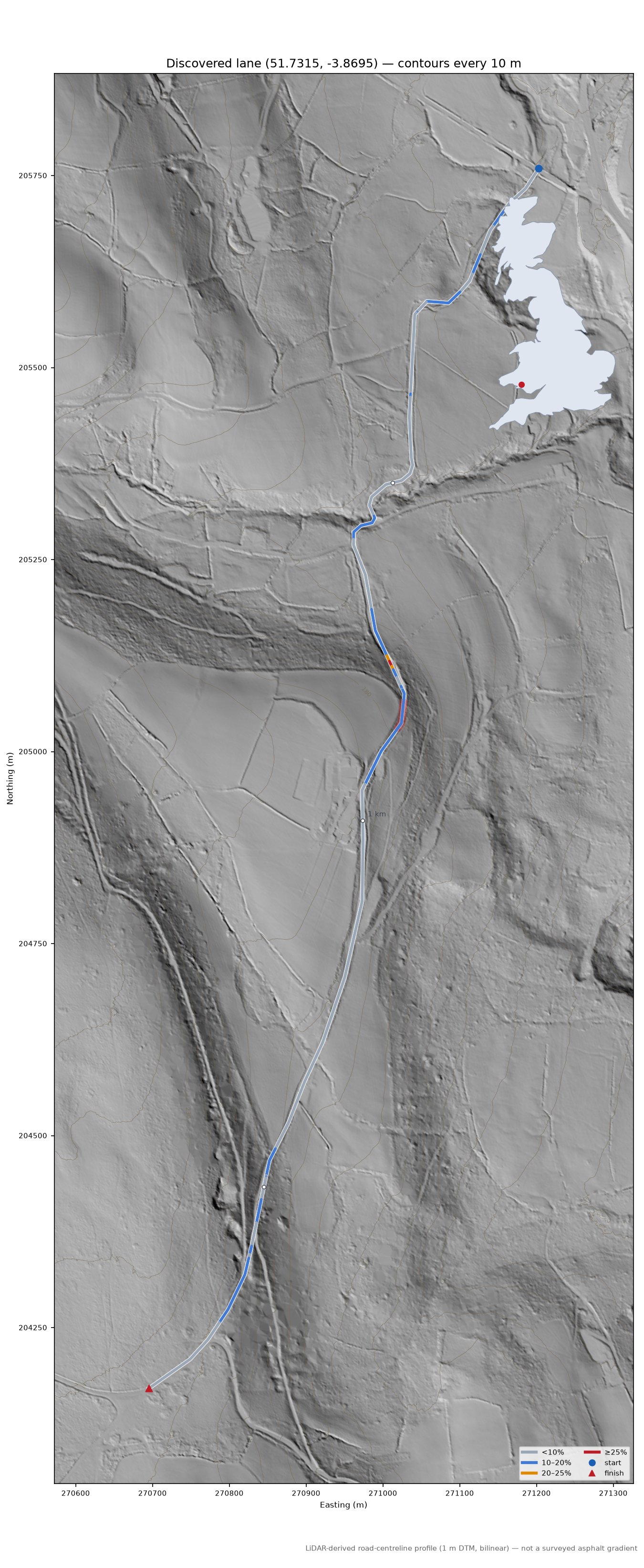 Discovered lane (51.7315, -3.8695) LiDAR hillshade map with contours