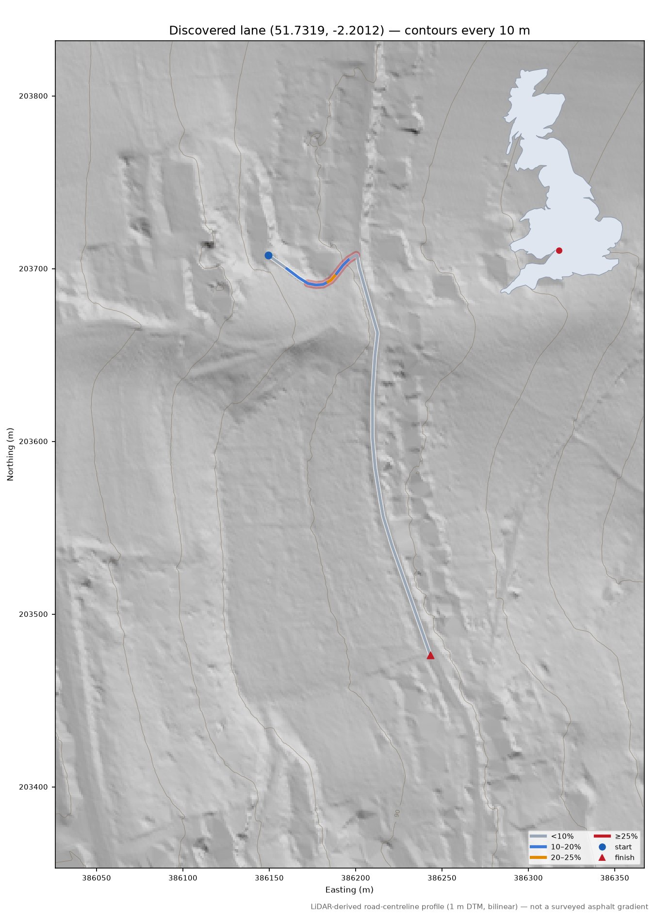 Discovered lane (51.7319, -2.2012) LiDAR hillshade map with contours