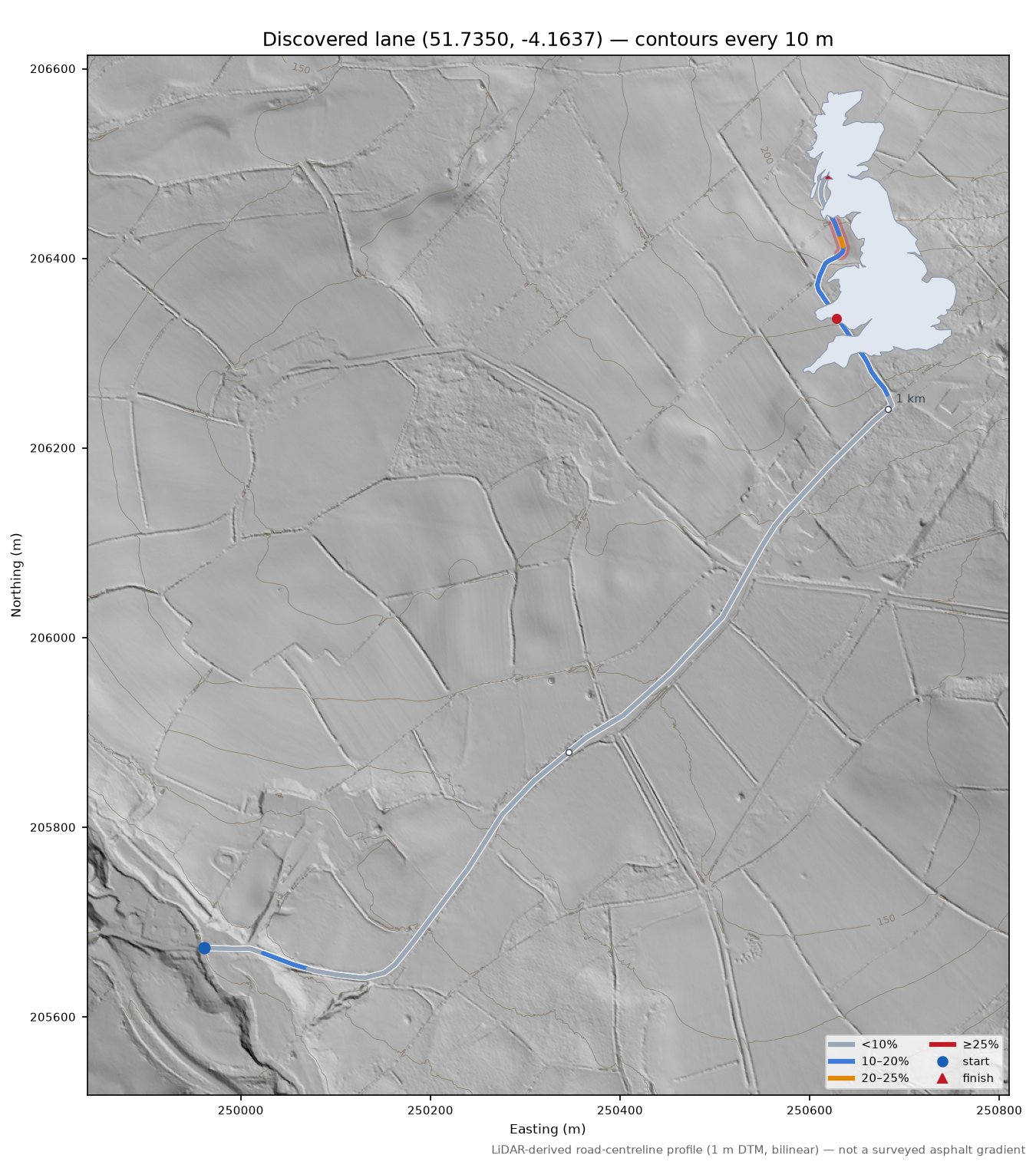 Discovered lane (51.7350, -4.1637) LiDAR hillshade map with contours
