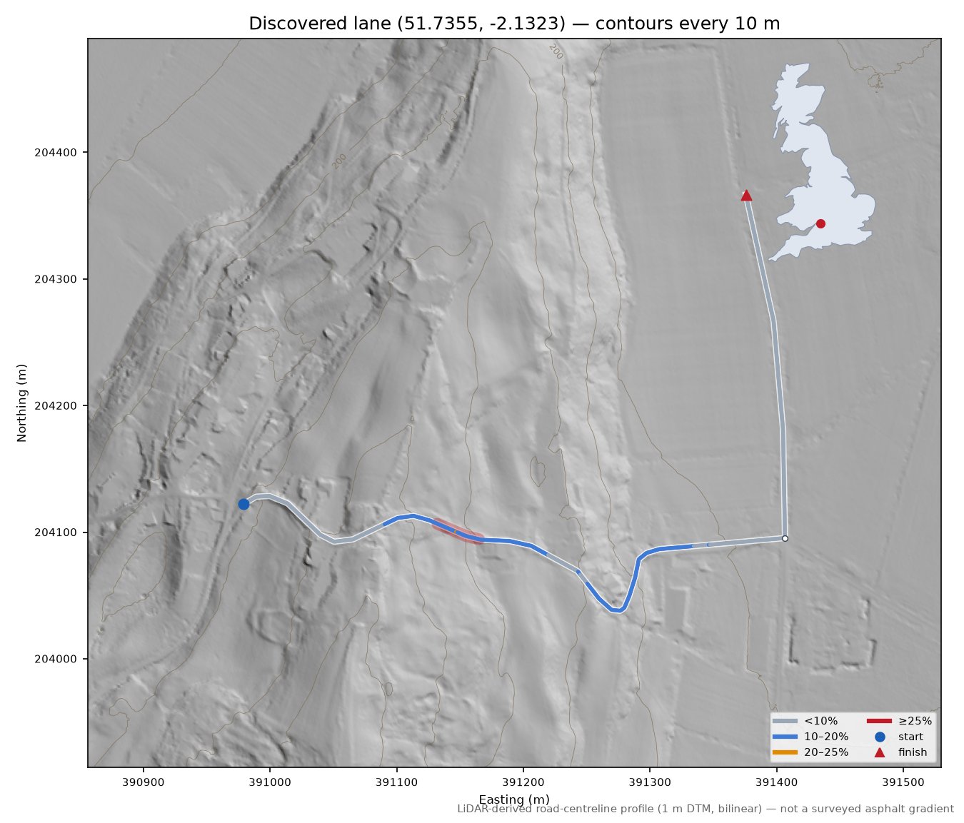 Discovered lane (51.7355, -2.1323) LiDAR hillshade map with contours