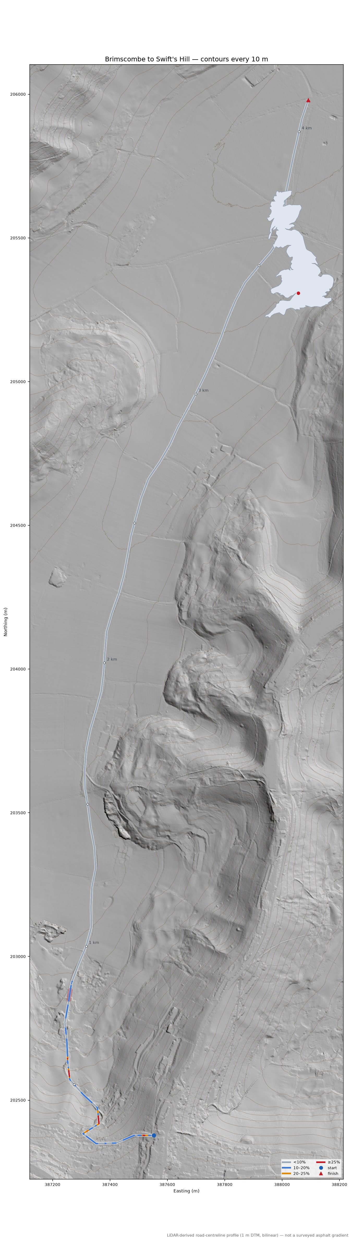 Brimscombe to Swift's Hill LiDAR hillshade map with contours