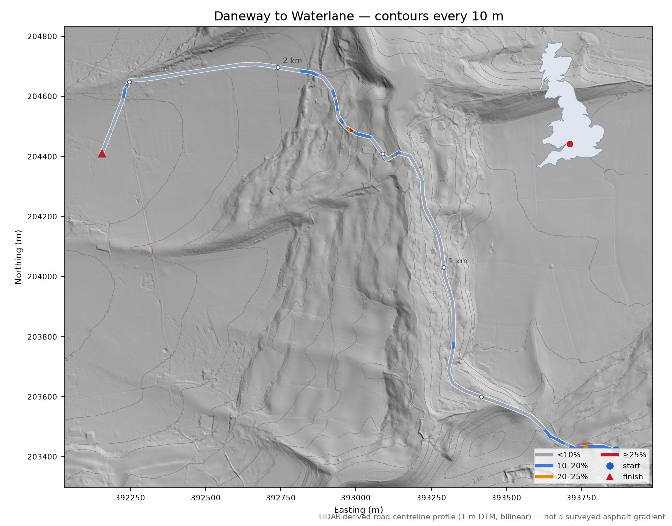 Daneway to Waterlane LiDAR hillshade map with contours