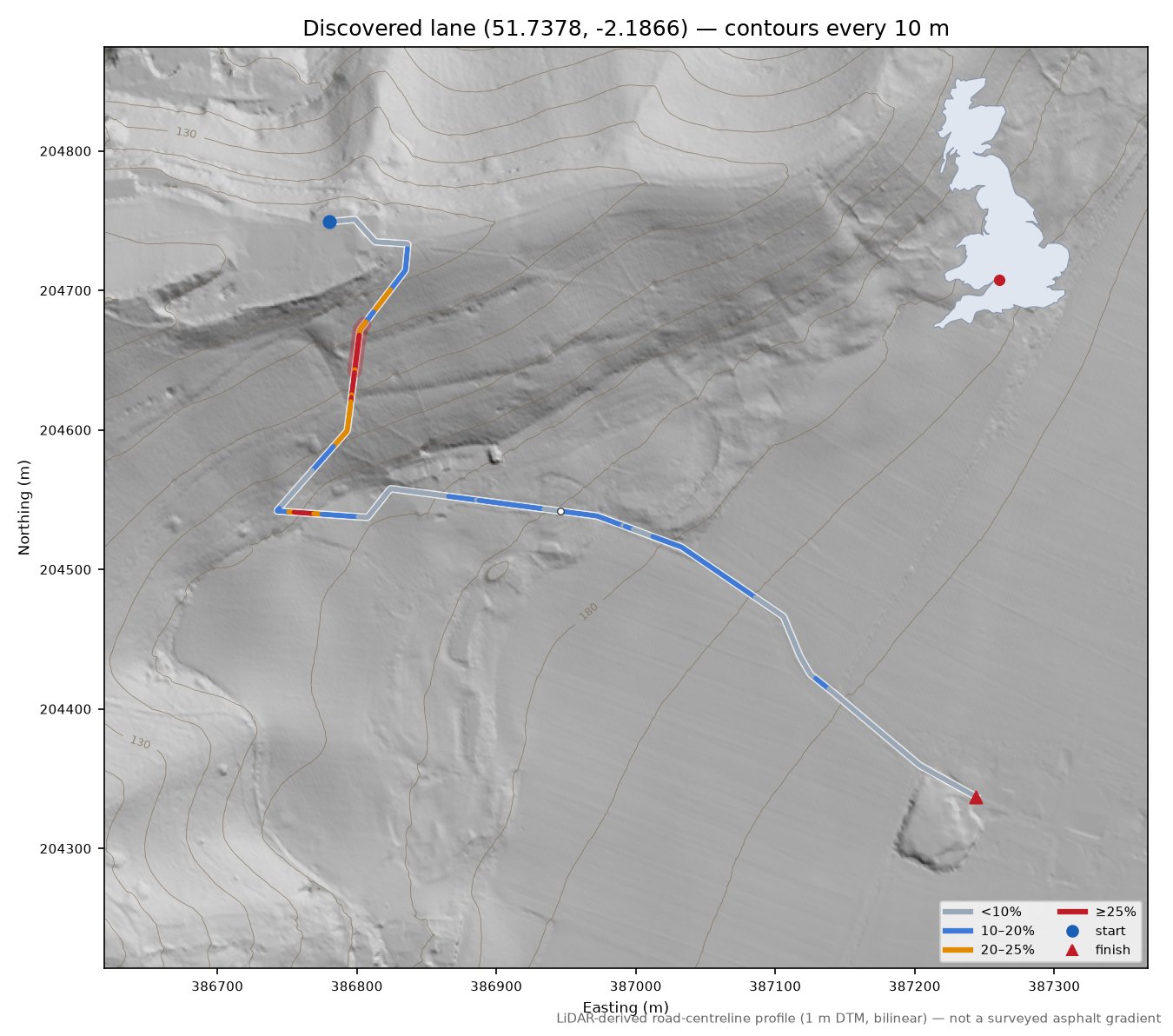 Discovered lane (51.7378, -2.1866) LiDAR hillshade map with contours